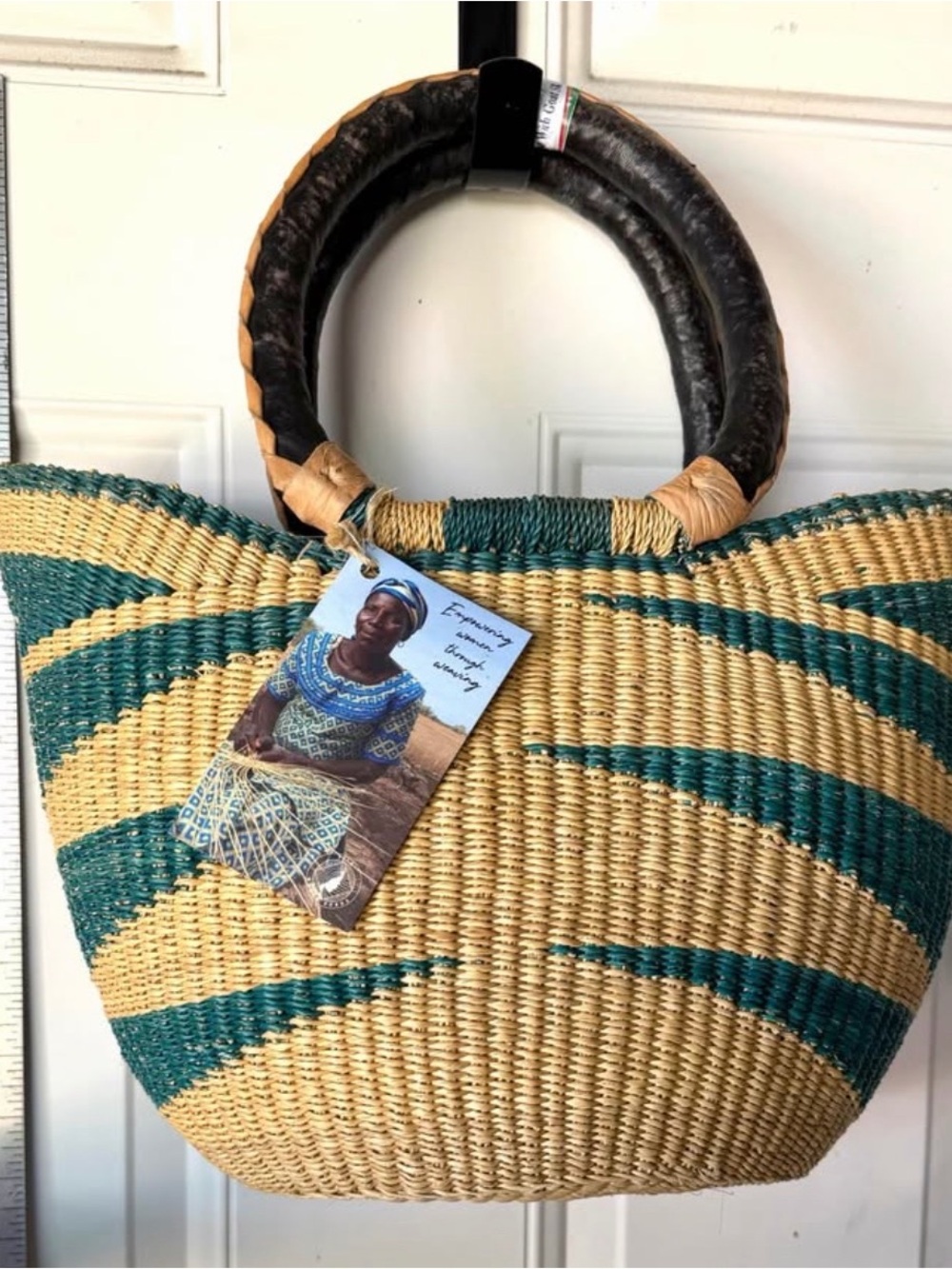 Handwoven Green and Natural Straw Tote Bag with Dark Leather Handles